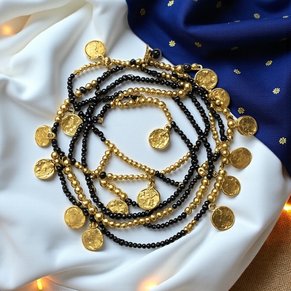 🆕 Handmade Indian Artisan Gold & Black Coin Charm 8-Piece Beaded Bracelet Set - Picture 9 of 11